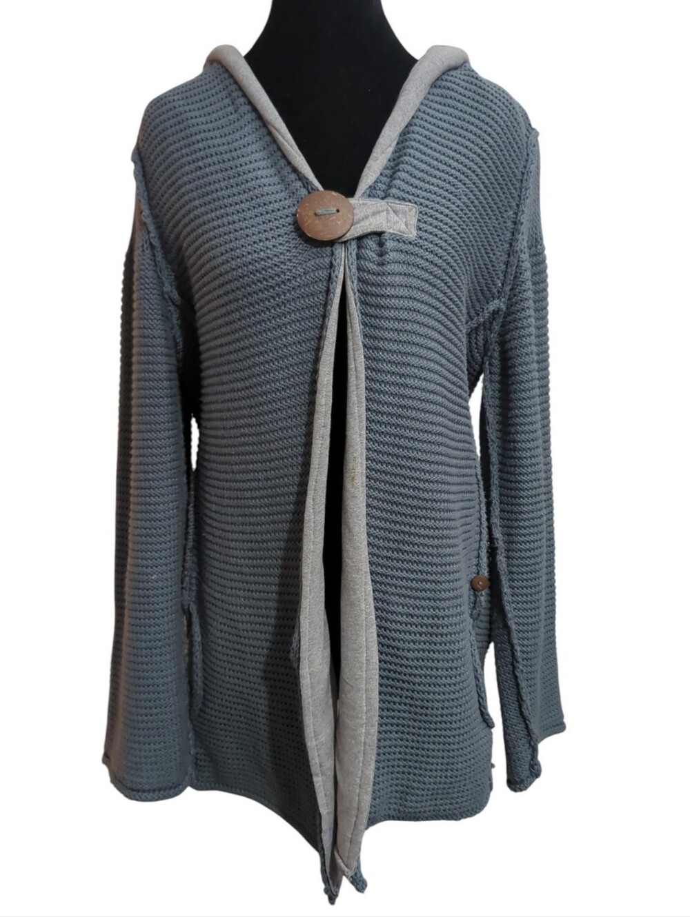 Pure Handknit M/L One Button Hooded Cable Knit Cardigan Sweater Blue Lagenlook